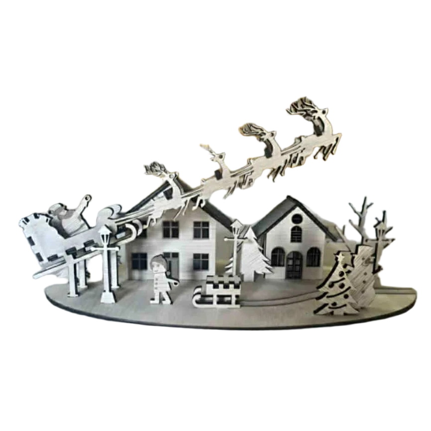 Drveni Deda Mraz i irvasi lete iznad sela – božićna dekoracija za sto