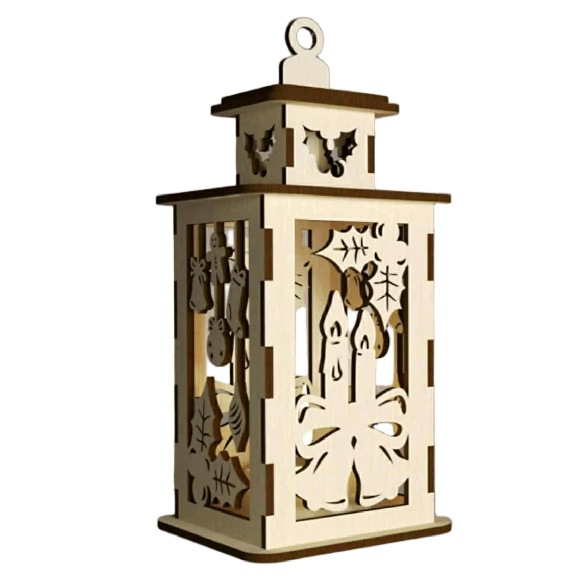 Drveni božićni fenjer sa svećom i izrezima prazničnih motiva