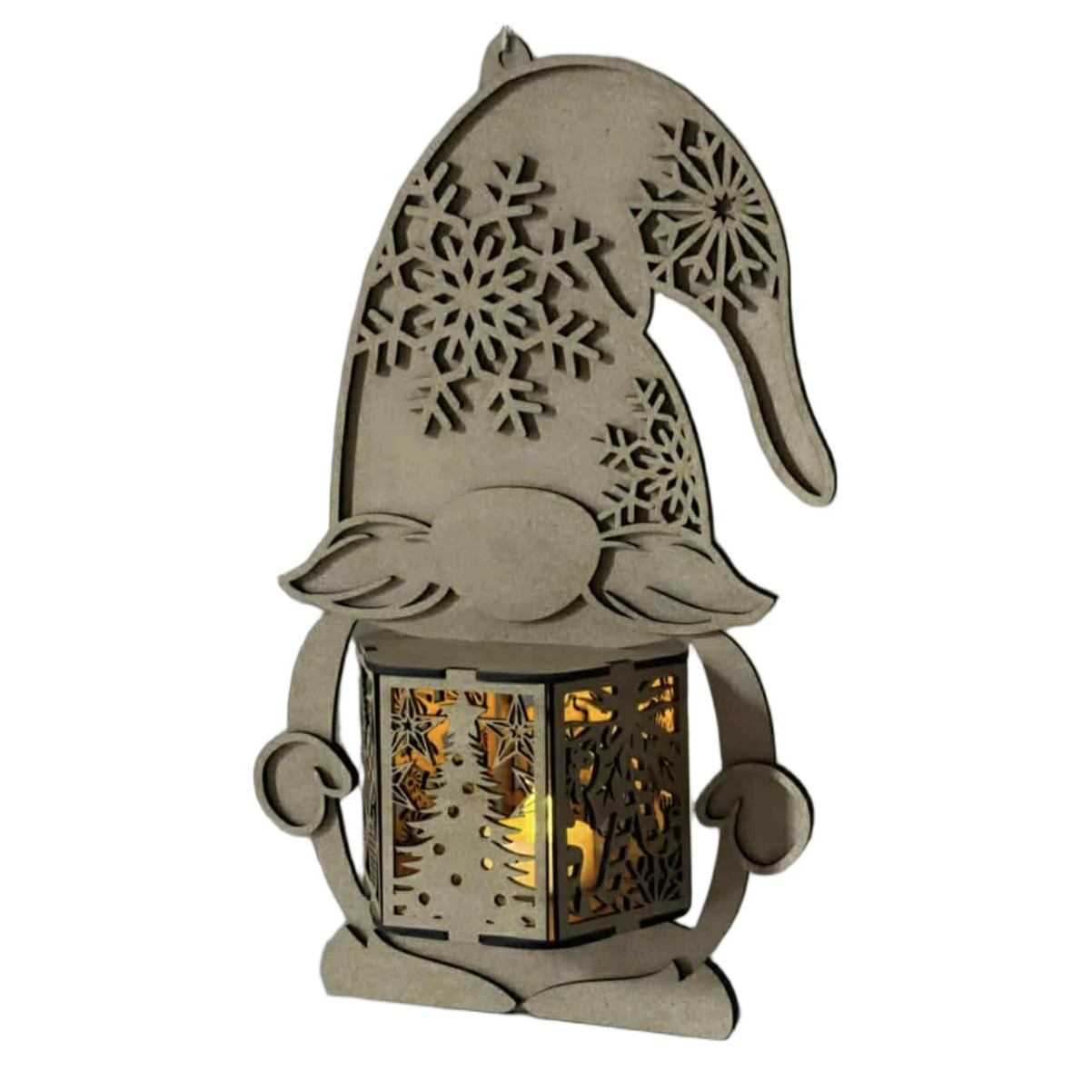 Dekoracija drvenog patuljastog fenjera sa šeširom od pahuljice i osvetljenom zimskom scenom