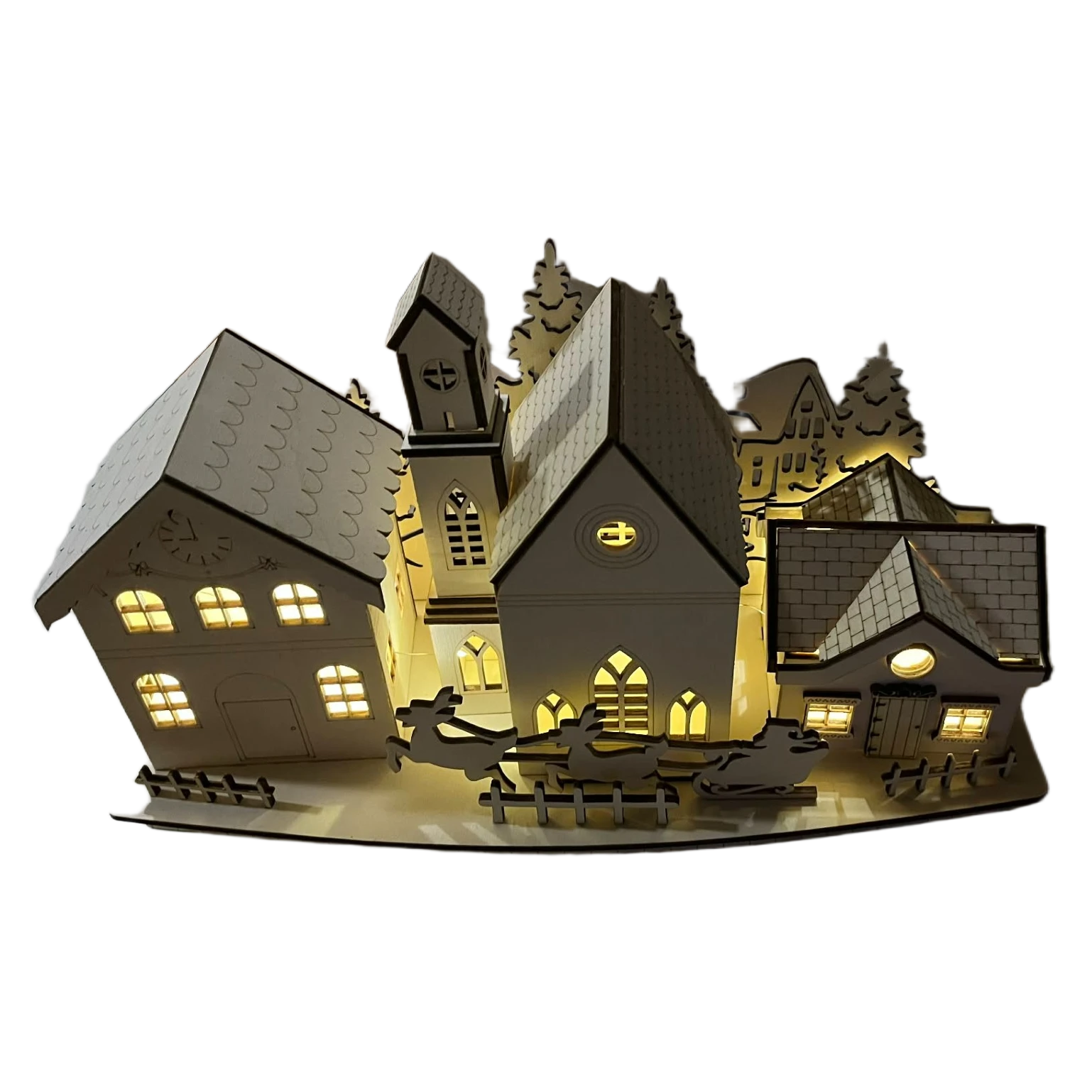 Drvena božićna dekoracija sela - osvetljena kuća i crkvena scena