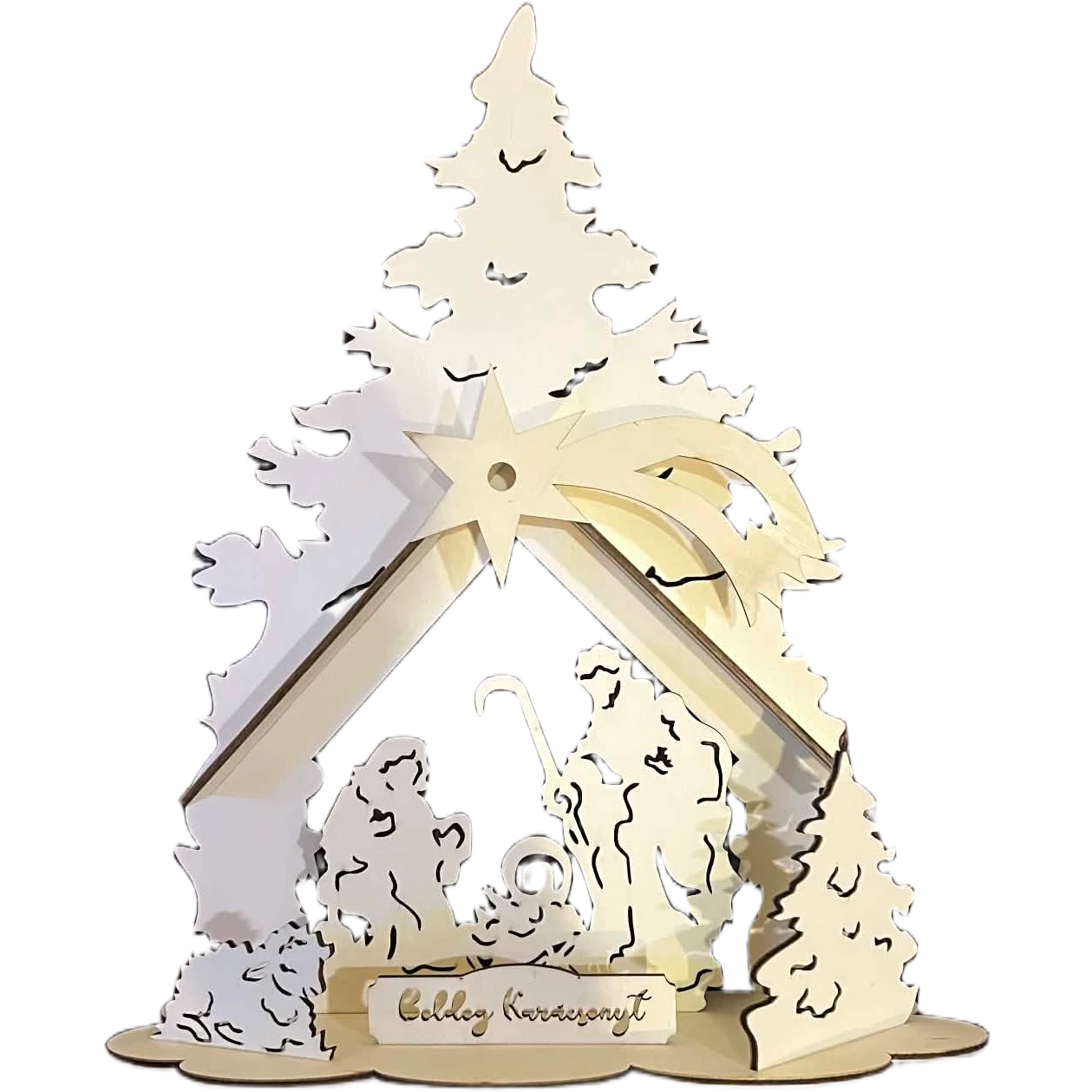 Drvena dekoracija za jasle sa Svetom porodicom, zvezdom i borovima