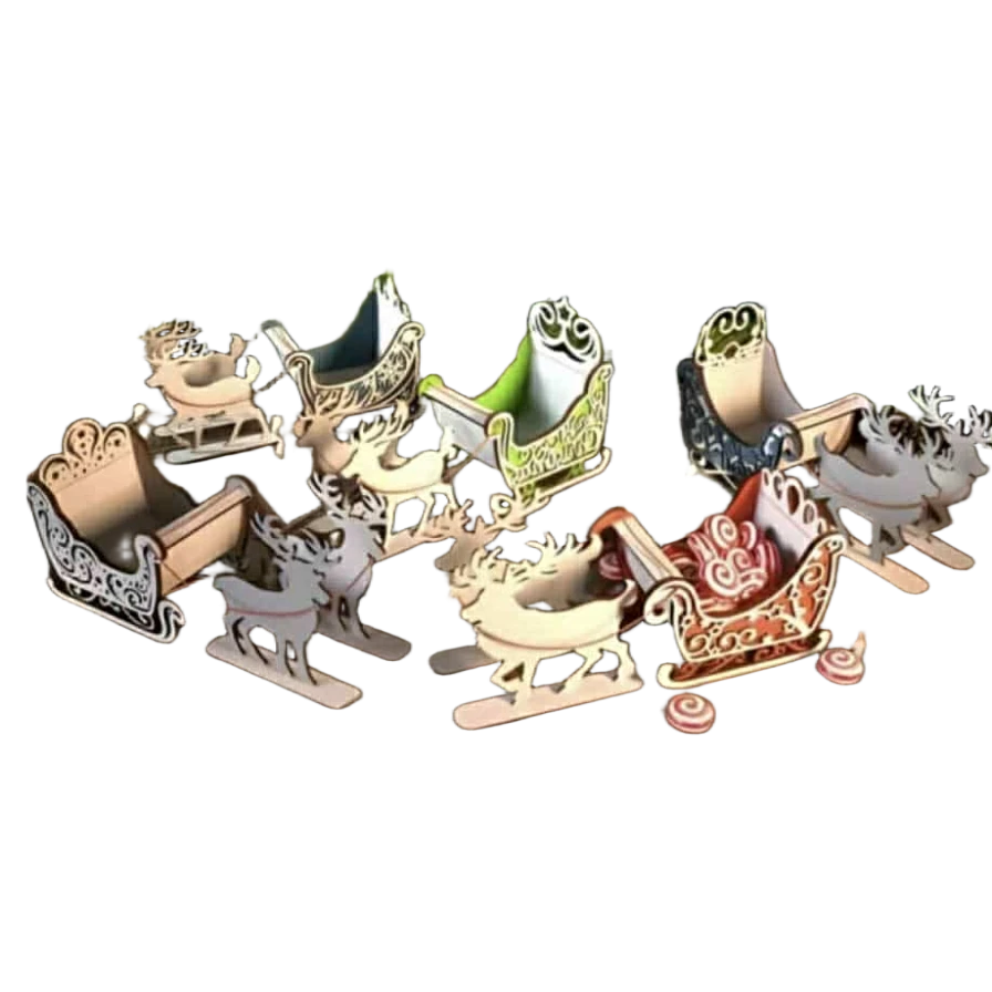 Drveni set sanka Deda Mraza i irvasa – Dekorativni božićni minijaturni ukrasi