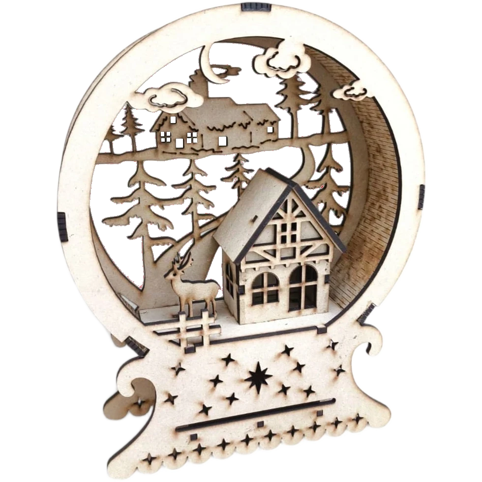 Božićna dekoracija snežne kugle sa zimskom kolibom i jelenima